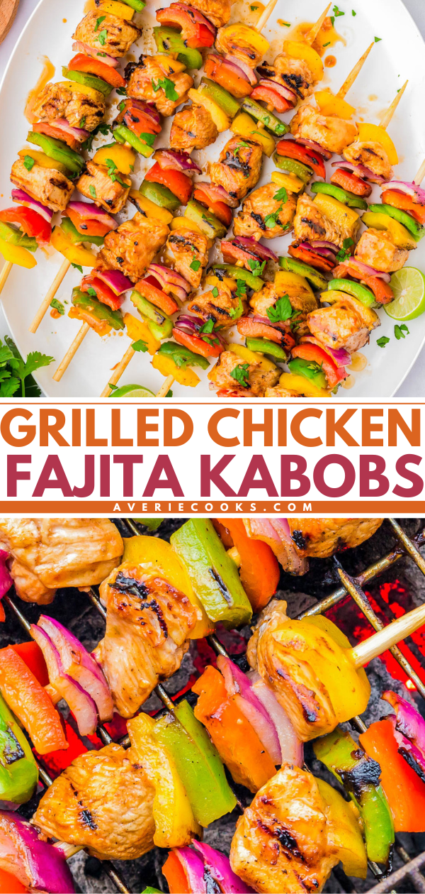 Grilled chicken fajita kabobs with colorful bell peppers and red onion on skewers, served on a white plate; close-up view of kabobs on a grill.