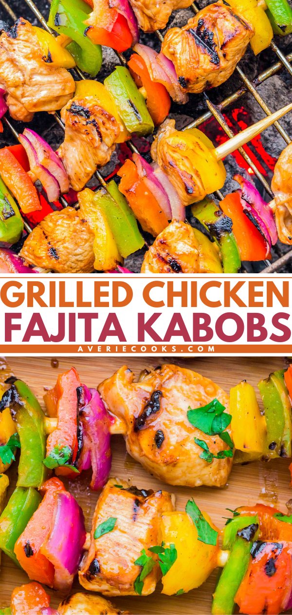 Grilled chicken fajita kabobs with pieces of chicken, red and green bell peppers, red onions, and yellow bell peppers on skewers, cooked on a grill and served on a wooden board.