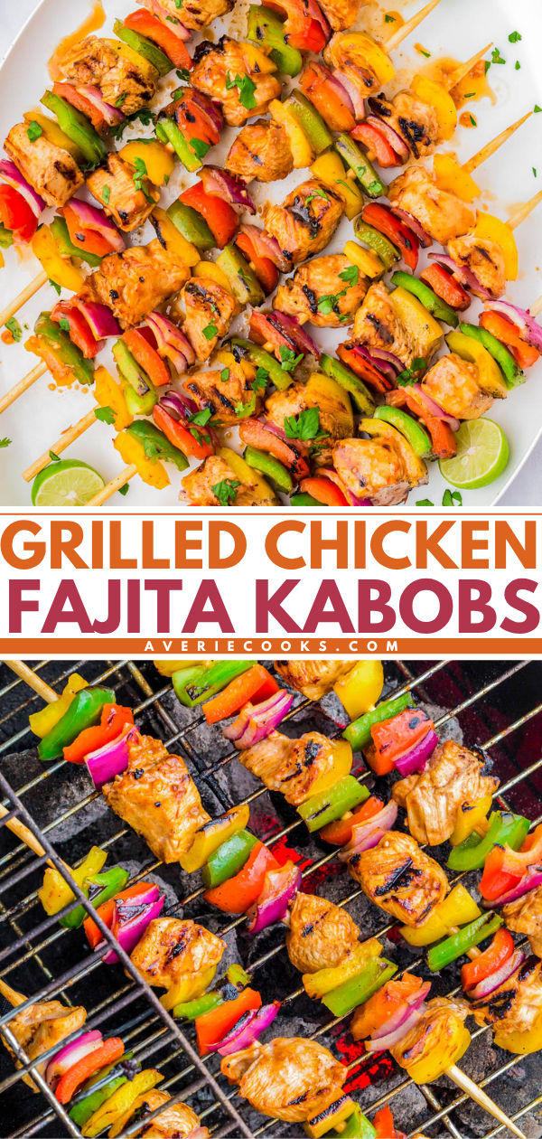 Grilled chicken fajita kabobs with colorful bell peppers and onions on skewers, shown plated and cooking on a grill.