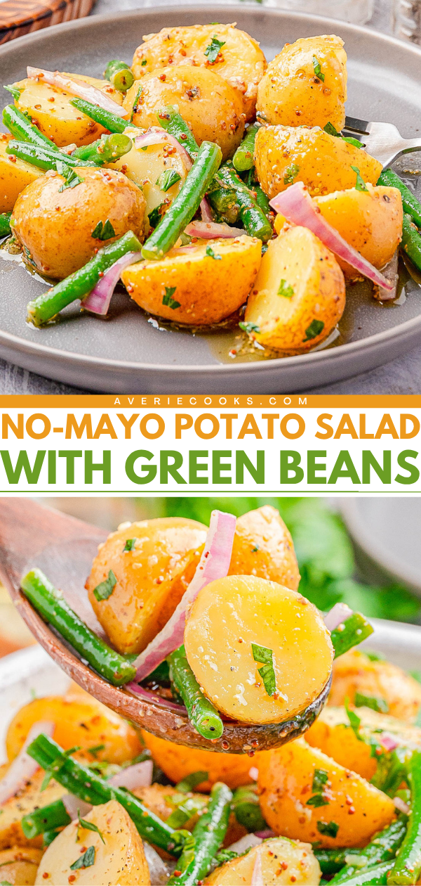 No-mayo potato salad with green beans, red onions, and herbs served on a gray plate and in a wooden spoon.