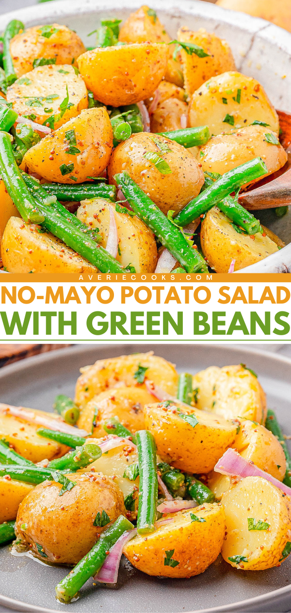 Close-up of potato salad with green beans, red onion, and herbs, served without mayonnaise on a plate and in a bowl.