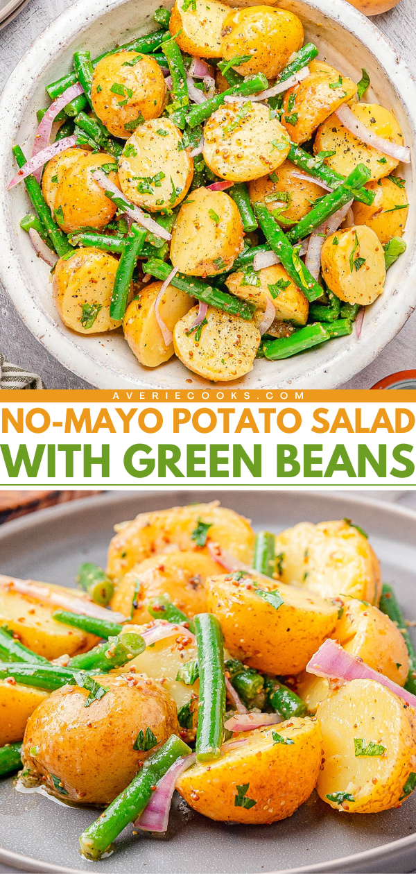 A bowl and plate of no-mayo potato salad with green beans, sliced red onions, and herbs, dressed with a vinaigrette.