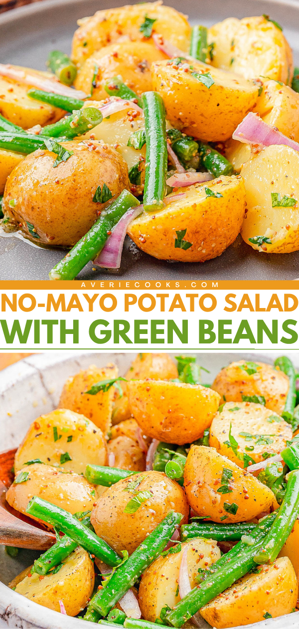 Potato salad with green beans, red onions, and herbs, served without mayonnaise, displayed on a plate and in a bowl.