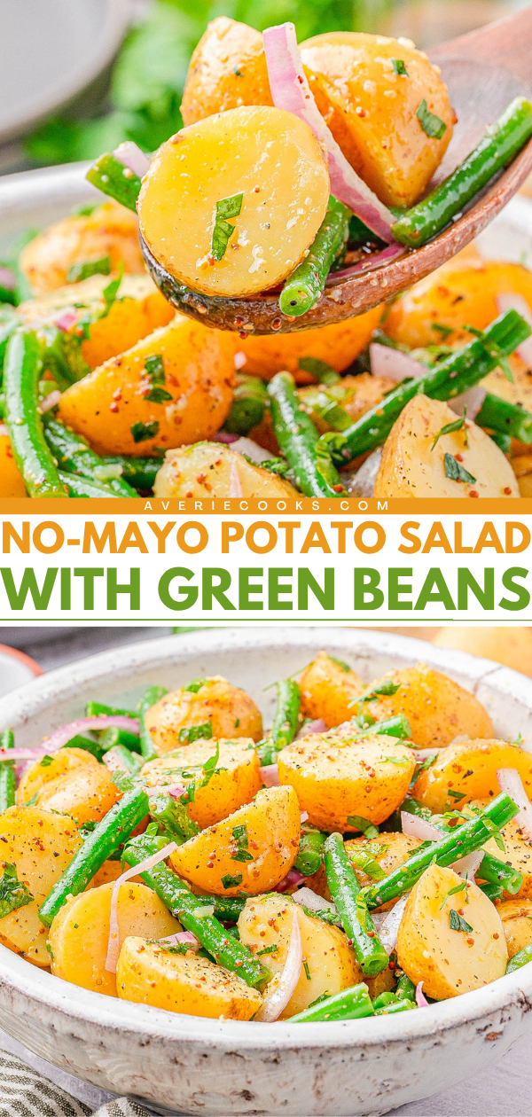A bowl of no-mayo potato salad with green beans, red onion slices, and parsley, seasoned with pepper and herbs.