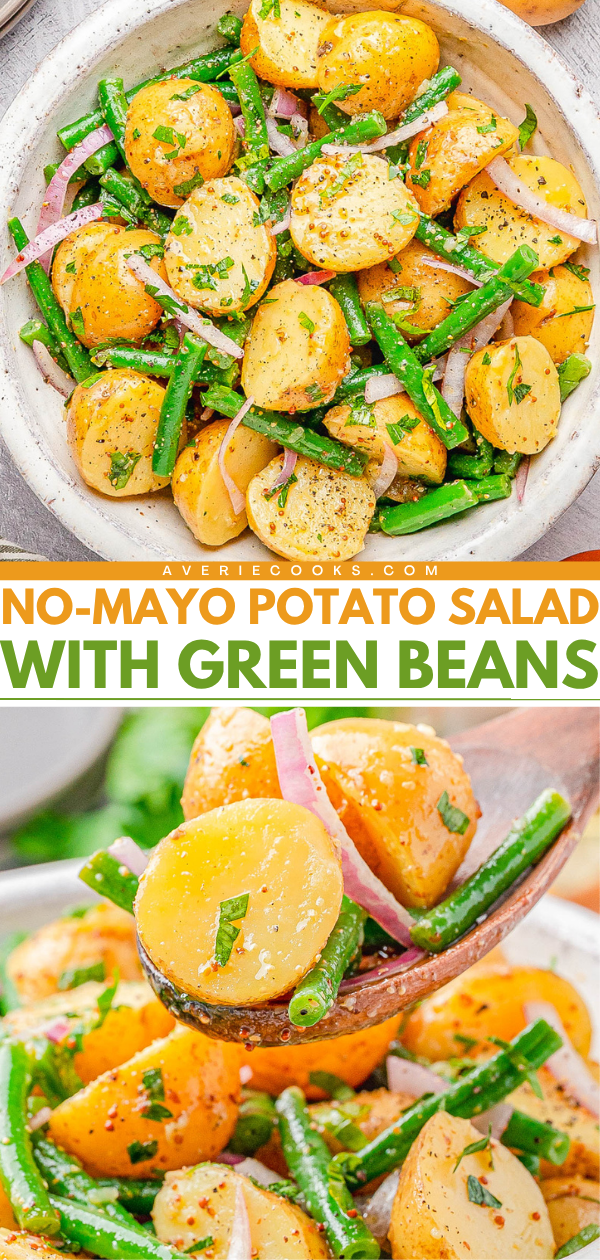 A bowl of potato salad with green beans, red onions, and herbs, seasoned without mayonnaise.