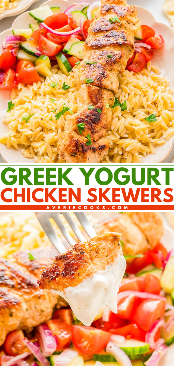 A plate with grilled chicken skewer on a bed of orzo, served with chopped tomatoes and cucumber; below, a fork holding a piece of chicken dipped in sauce. Text reads "Greek Yogurt Chicken Skewers.
