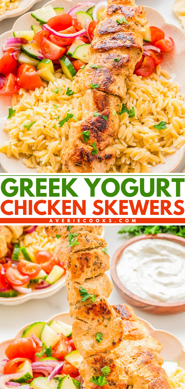 Plate with grilled chicken skewers served over orzo pasta, accompanied by a fresh salad of tomatoes, cucumbers, and red onions. A bowl of white dipping sauce is shown on the side.