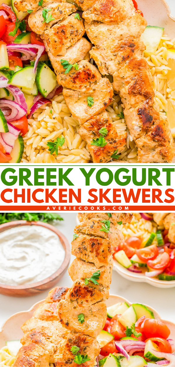 Grilled chicken skewers served over orzo pasta with a side of cucumber and tomato salad, garnished with parsley and a bowl of white dipping sauce.