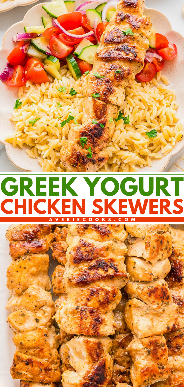 Grilled chicken skewers served with orzo and cucumber-tomato salad on a plate; close-up of skewers below. Text: "Greek Yogurt Chicken Skewers".