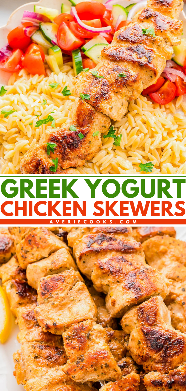 Chicken skewers served over rice with a side of cucumber salad; close-up shots highlighting the grilled, golden-brown meat. Text reads "Greek Yogurt Chicken Skewers.
