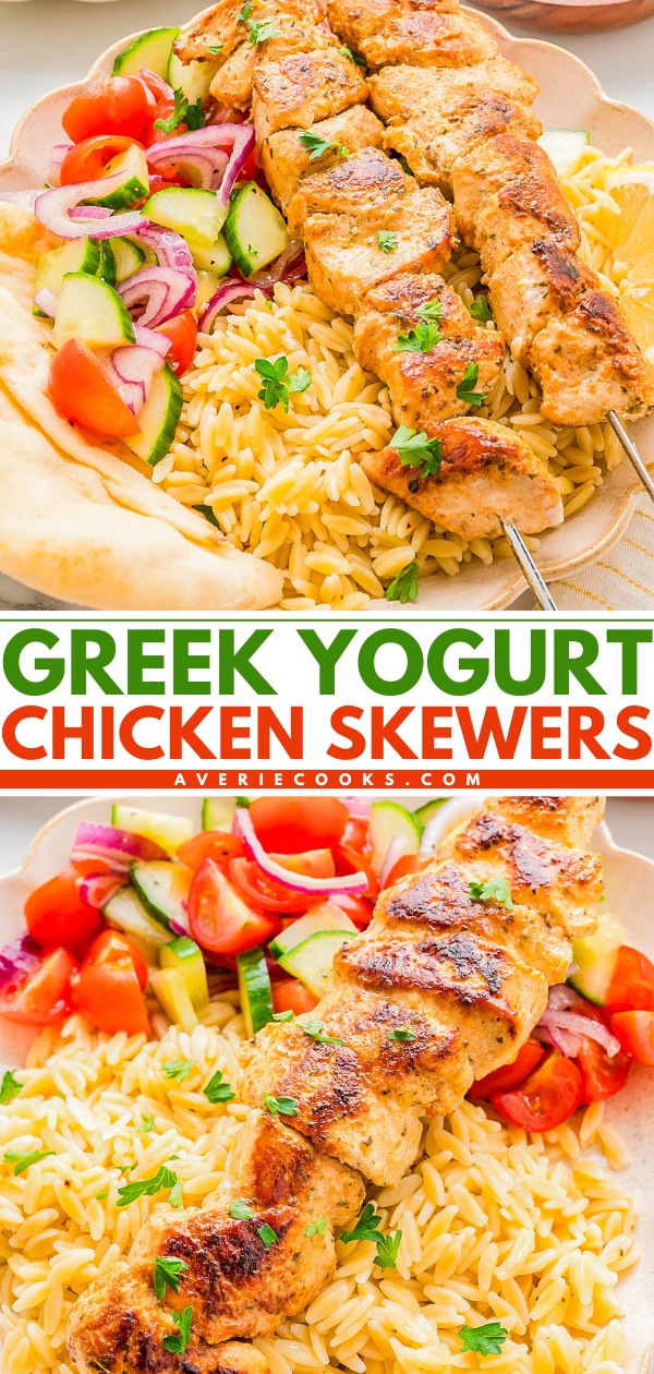 Two plates with grilled chicken skewers, orzo pasta, sliced naan, and a side salad of tomatoes, cucumber, and red onion. Text reads "Greek Yogurt Chicken Skewers.