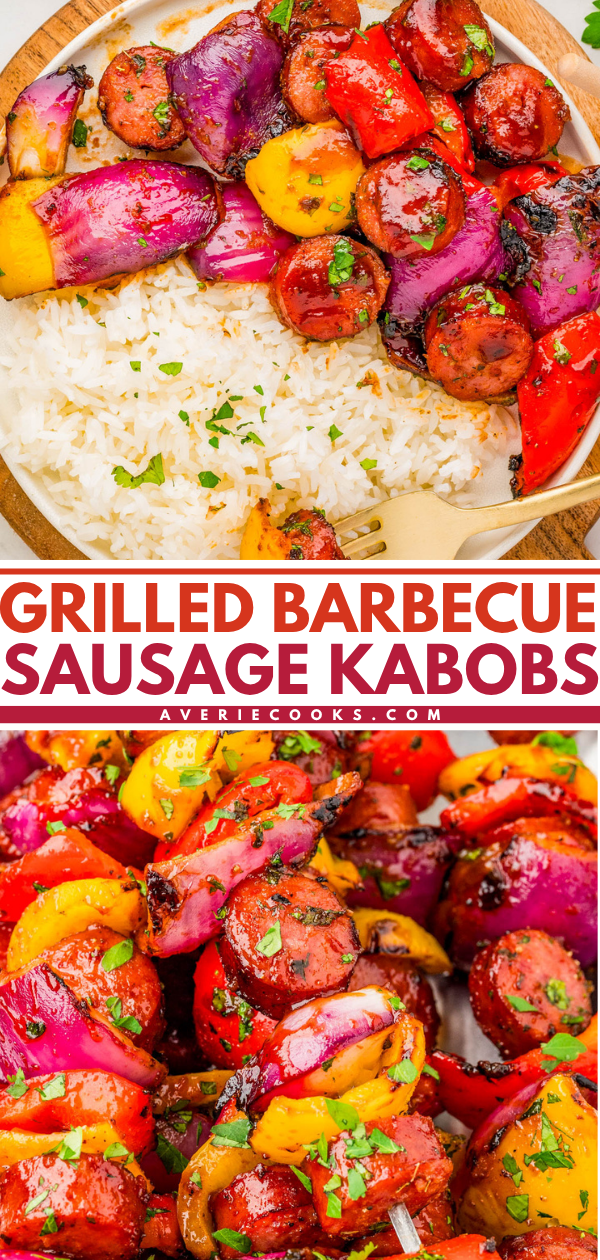 Grilled barbecue sausage kabobs with red onions, red and yellow bell peppers, served over white rice.