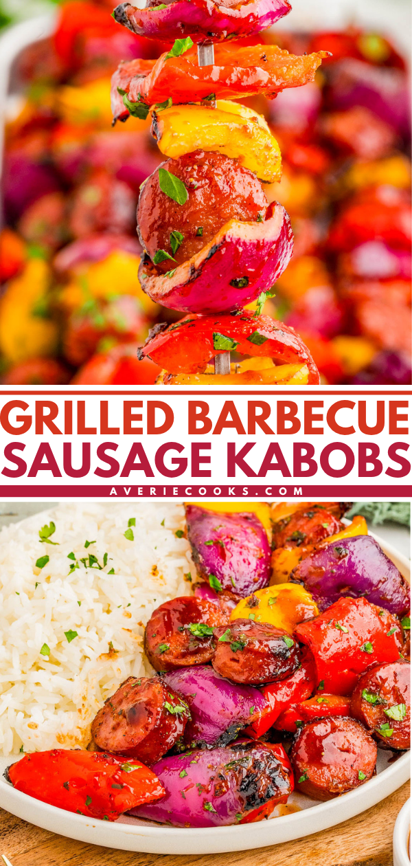 Skewers with grilled sausage, red onions, and bell peppers, served alongside white rice on a plate. Text reads "Grilled Barbecue Sausage Kabobs.