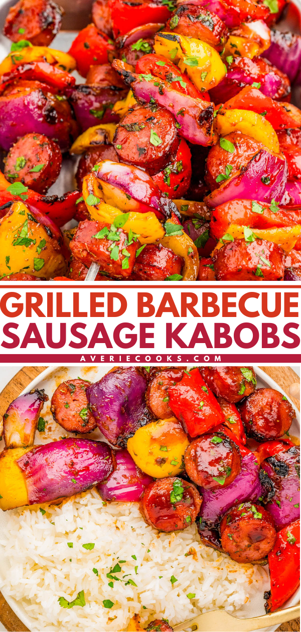 Grilled barbecue sausage kabobs with red onion, red and yellow bell peppers, served with a side of white rice.
