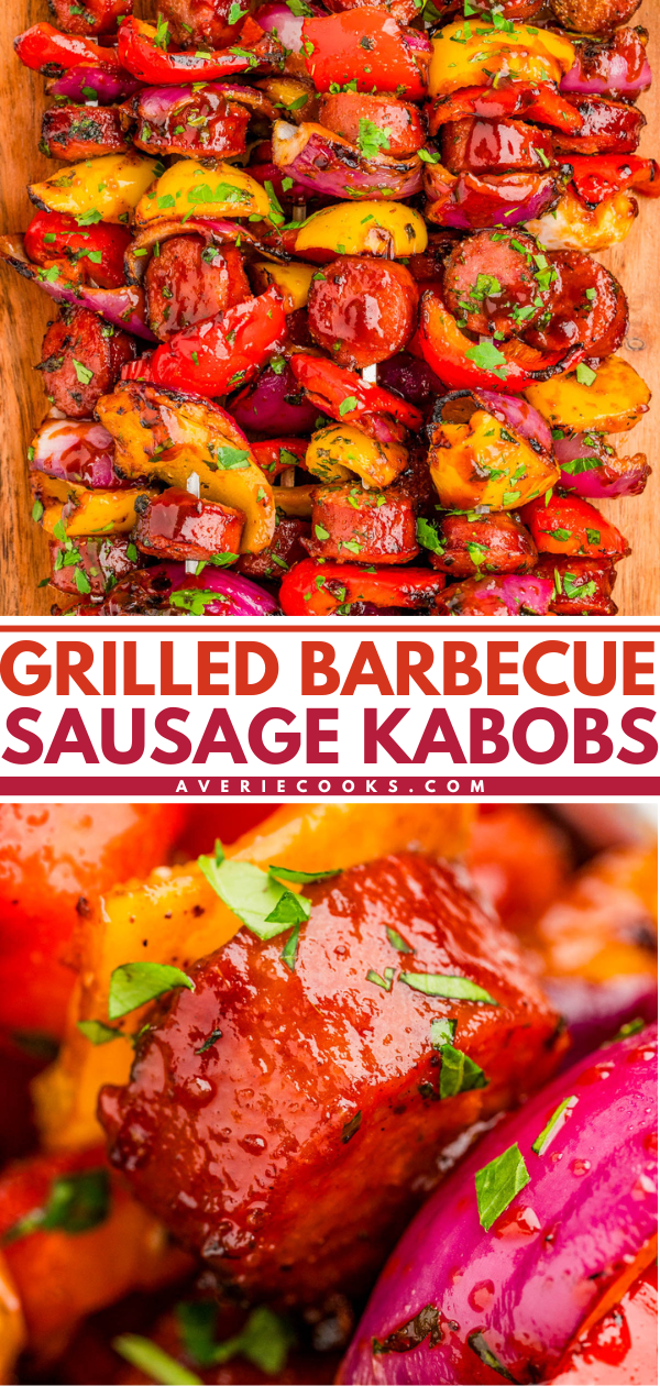 Colorful grilled barbecue sausage kabobs with bell peppers and red onions, garnished with chopped herbs, shown close up and on a wooden surface.