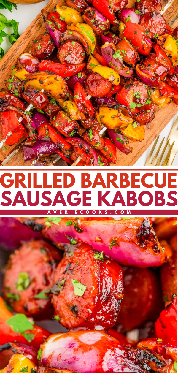 Grilled barbecue sausage kabobs with sliced sausage, red onions, and bell peppers, garnished with herbs on a wooden board and close-up view of kabob ingredients.