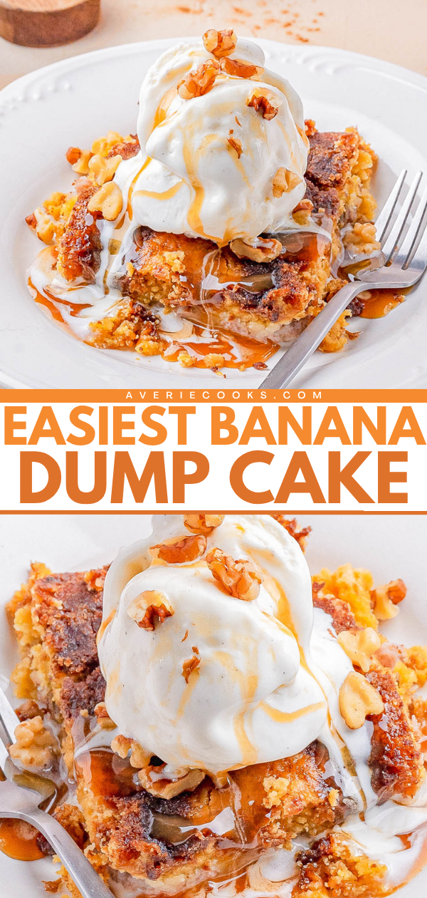 A slice of banana dump cake topped with vanilla ice cream, caramel sauce, and chopped nuts on a white plate with a fork.