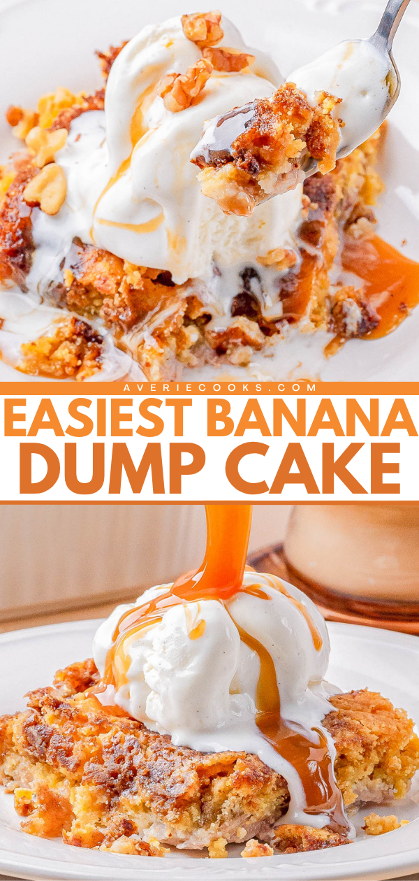 A slice of banana dump cake topped with vanilla ice cream and caramel sauce, garnished with chopped nuts, served on a white plate.