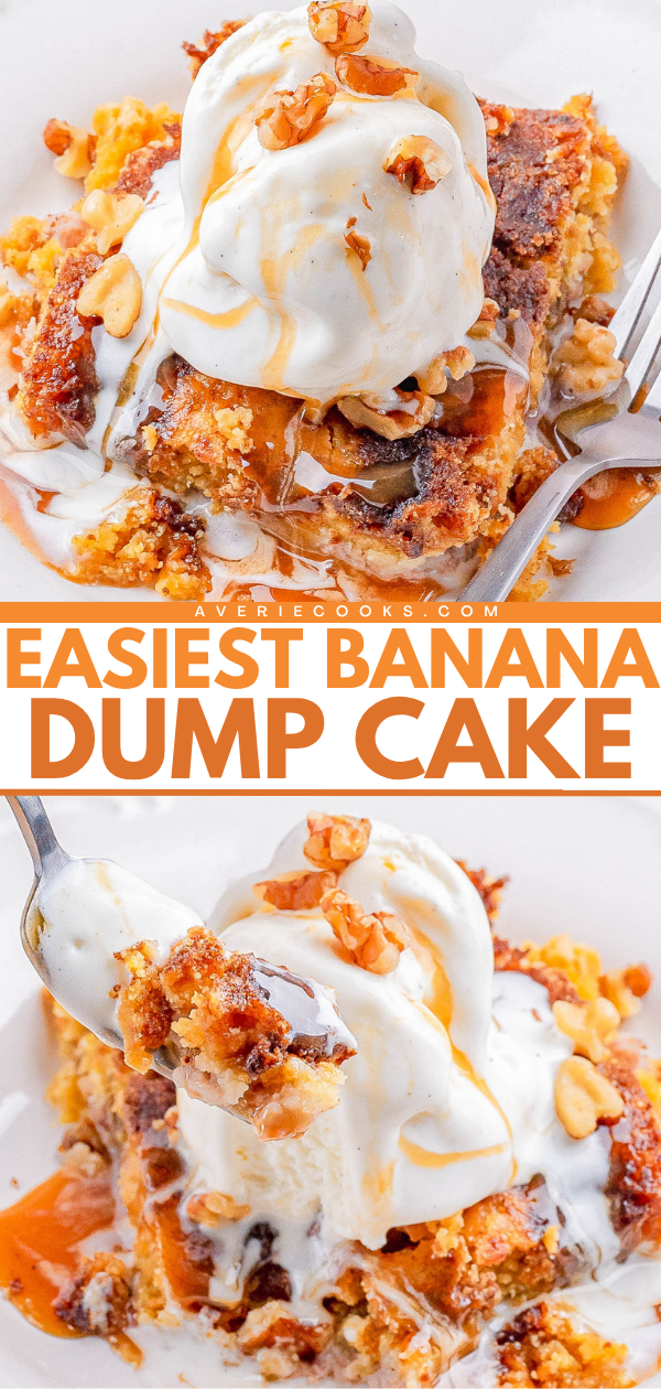 A serving of banana dump cake topped with vanilla ice cream, chopped nuts, and caramel sauce, shown close-up on a white plate with a fork.
