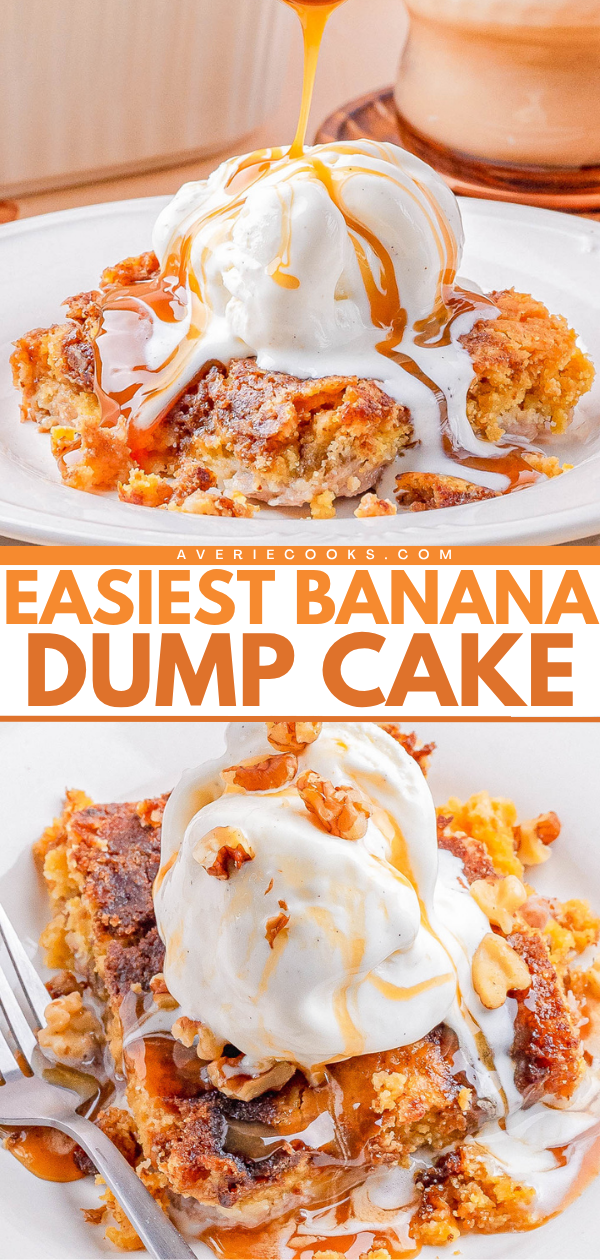 A serving of banana dump cake topped with a scoop of vanilla ice cream, caramel sauce, and chopped nuts on a white plate.