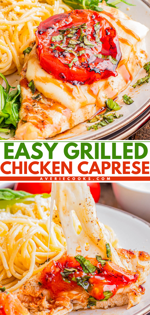 Close-up of grilled chicken breast topped with melted cheese, tomato slice, and herbs, served with pasta and fresh greens on a plate.