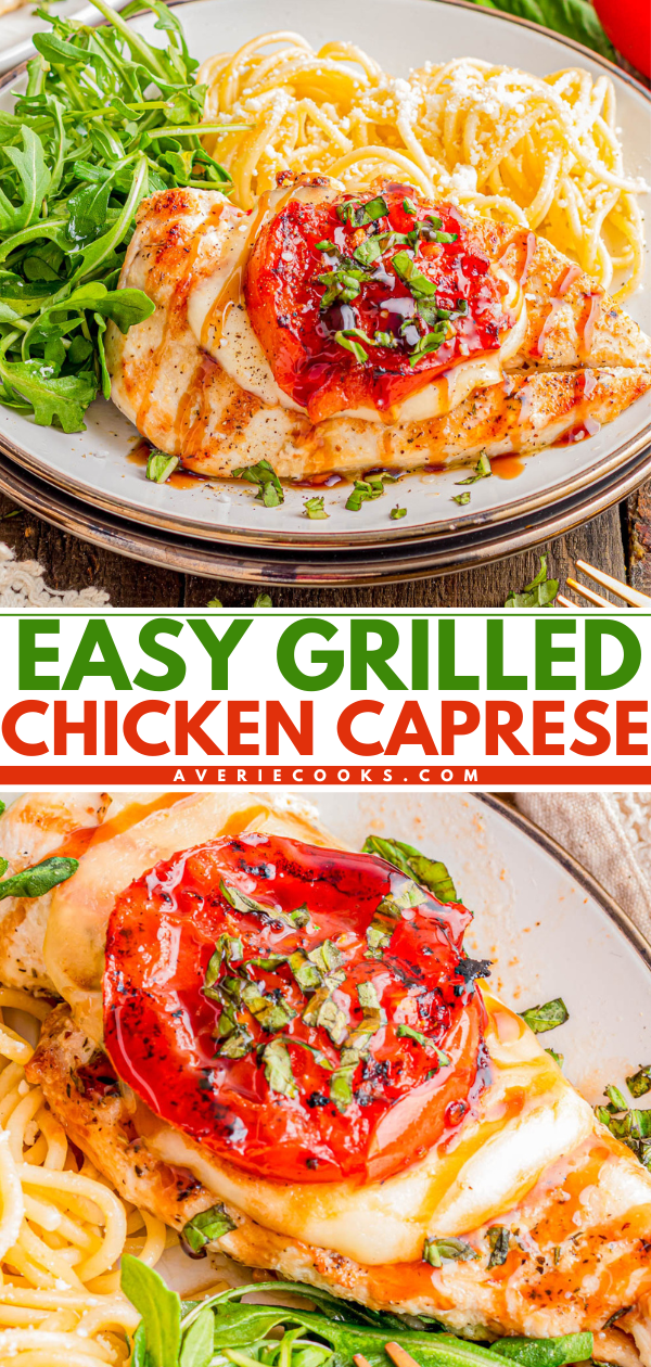 Grilled chicken breast topped with melted cheese, sliced tomato, and fresh basil, served with pasta and arugula on a plate.