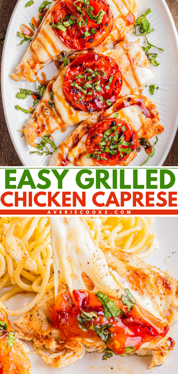 Grilled chicken breasts topped with melted cheese, sliced tomatoes, fresh basil, and balsamic drizzle, served with a side of pasta.