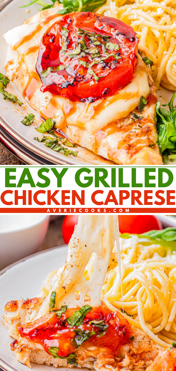 Grilled chicken breast topped with melted mozzarella, tomato slice, basil, and balsamic glaze, served with a side of spaghetti.