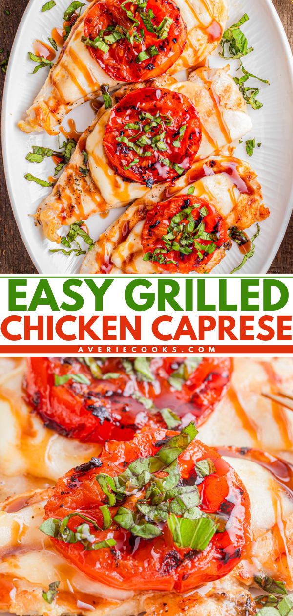 Grilled chicken breasts topped with melted cheese, roasted tomatoes, chopped basil, and a drizzle of balsamic glaze on a white plate.