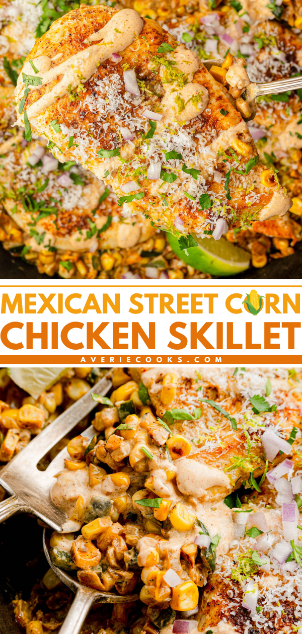 A skillet of Mexican street corn chicken topped with sauce, chopped onions, cheese, and fresh herbs, with corn and lime wedges visible.