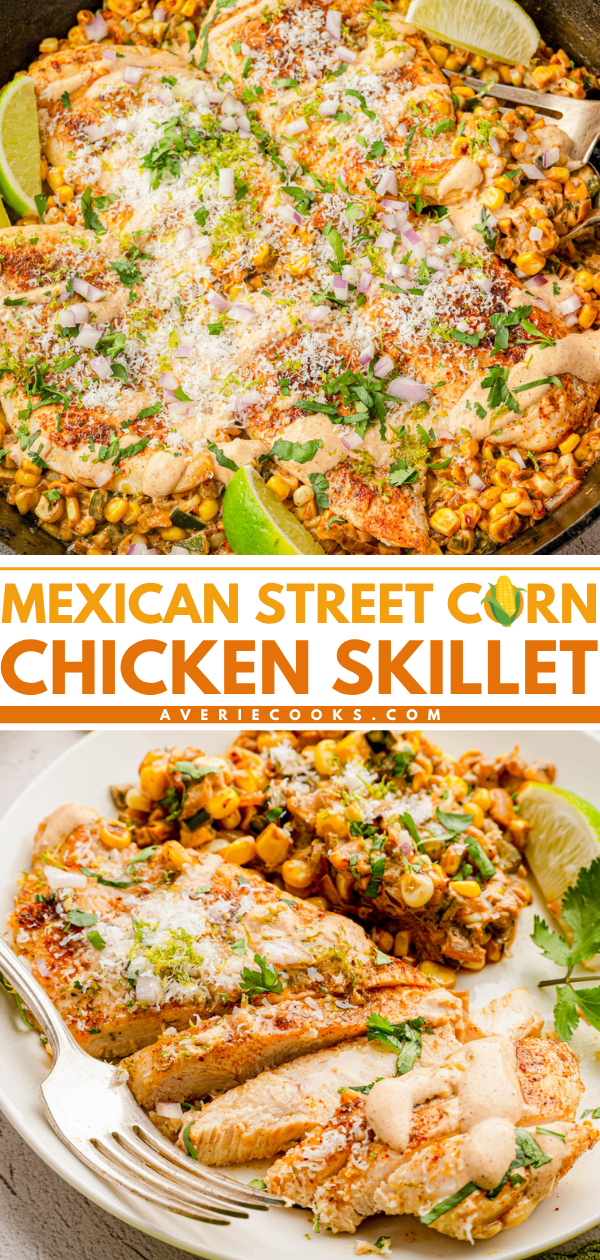 A skillet and plate of Mexican street corn chicken topped with sauce, cilantro, cheese, onions, and lime wedges.