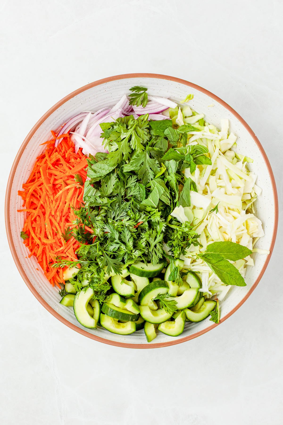 A bowl filled with shredded carrots, sliced shallots, chopped cabbage, cucumber slices, and assorted fresh herbs on a light surface.