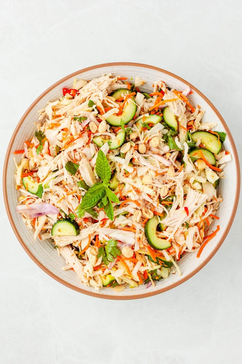 A bowl of shredded chicken salad with cucumber, carrots, red onion, chopped nuts, and fresh mint on top.