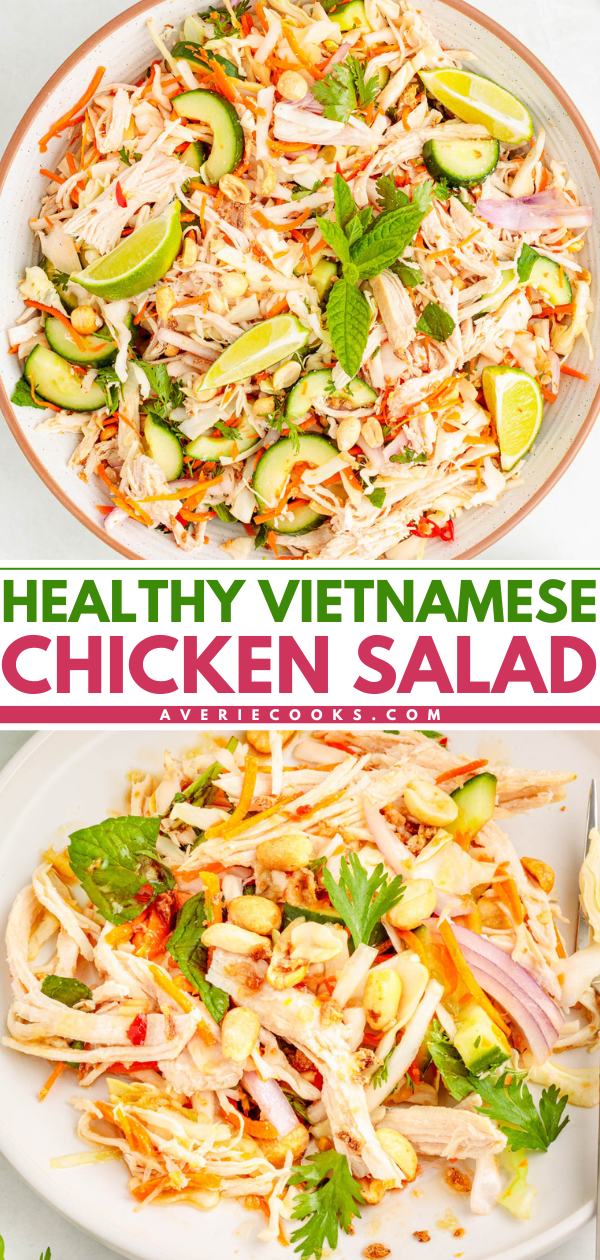 Two plates of Vietnamese chicken salad with shredded chicken, cucumbers, carrots, herbs, peanuts, and lime wedges, shown overhead and close-up.