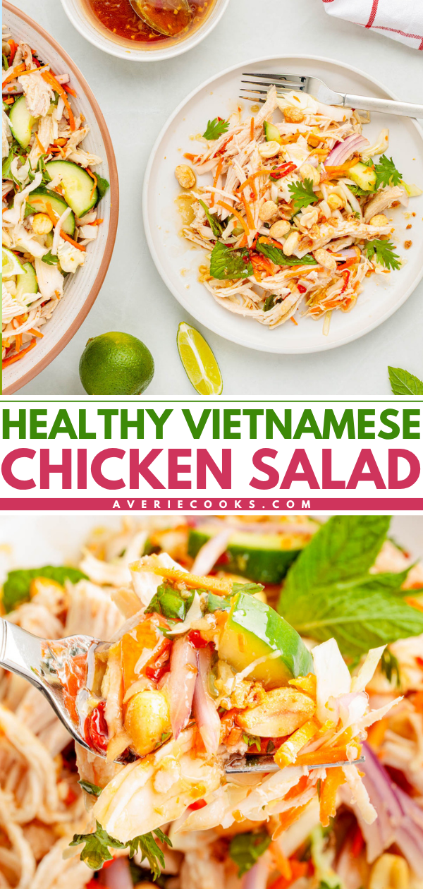 Overhead view of a Vietnamese chicken salad with shredded chicken, vegetables, herbs, peanuts, and lime, served in a bowl and on a plate, with dressing on the side.