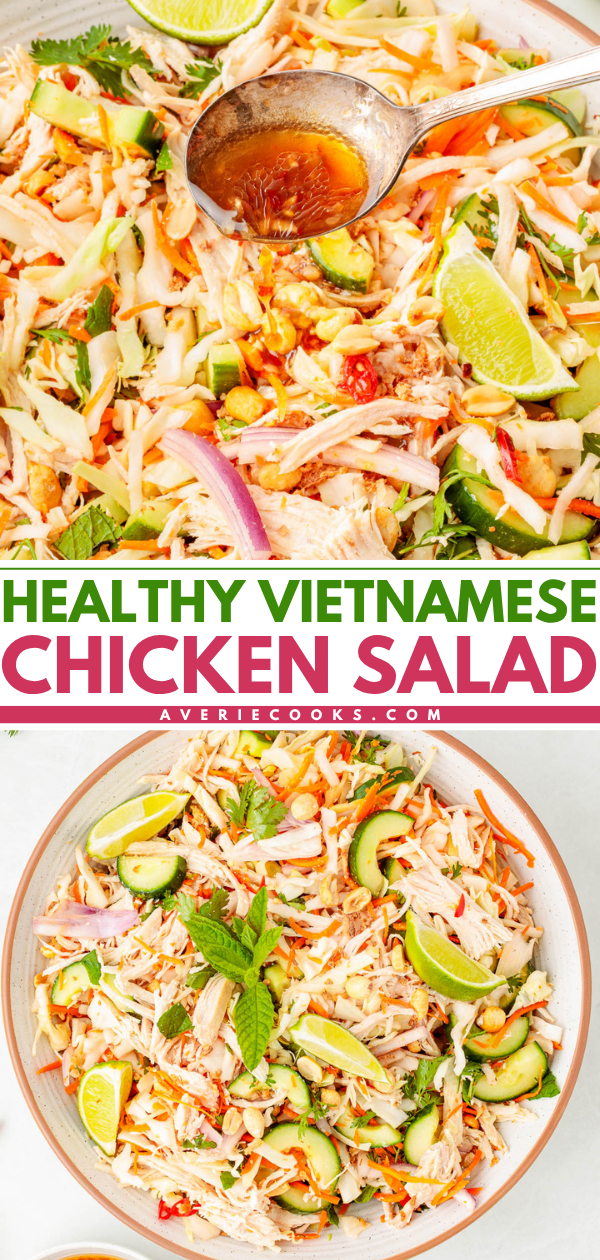 Overhead view of Vietnamese chicken salad with shredded chicken, cabbage, carrots, lime wedges, and herbs, shown in a mixing bowl and a serving bowl.