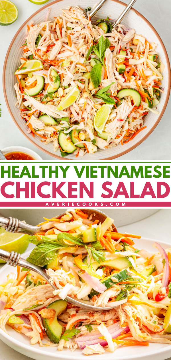 Overhead and close-up views of a bowl and plate of Vietnamese chicken salad with shredded chicken, cucumber, carrots, herbs, and lime wedges. Text overlay reads, "Healthy Vietnamese Chicken Salad.