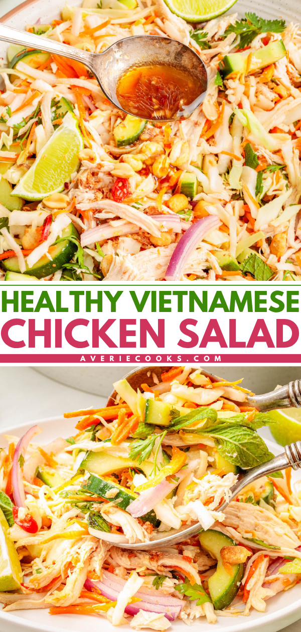 Shredded chicken salad with cabbage, carrots, red onion, cilantro, lime wedges, and dressing, served in a white bowl.