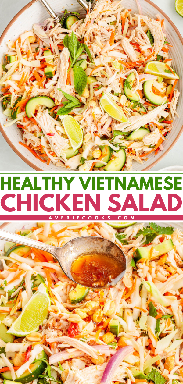 A bowl of Vietnamese chicken salad with shredded chicken, cucumber, lime wedges, herbs, and a dressing being poured over the top.