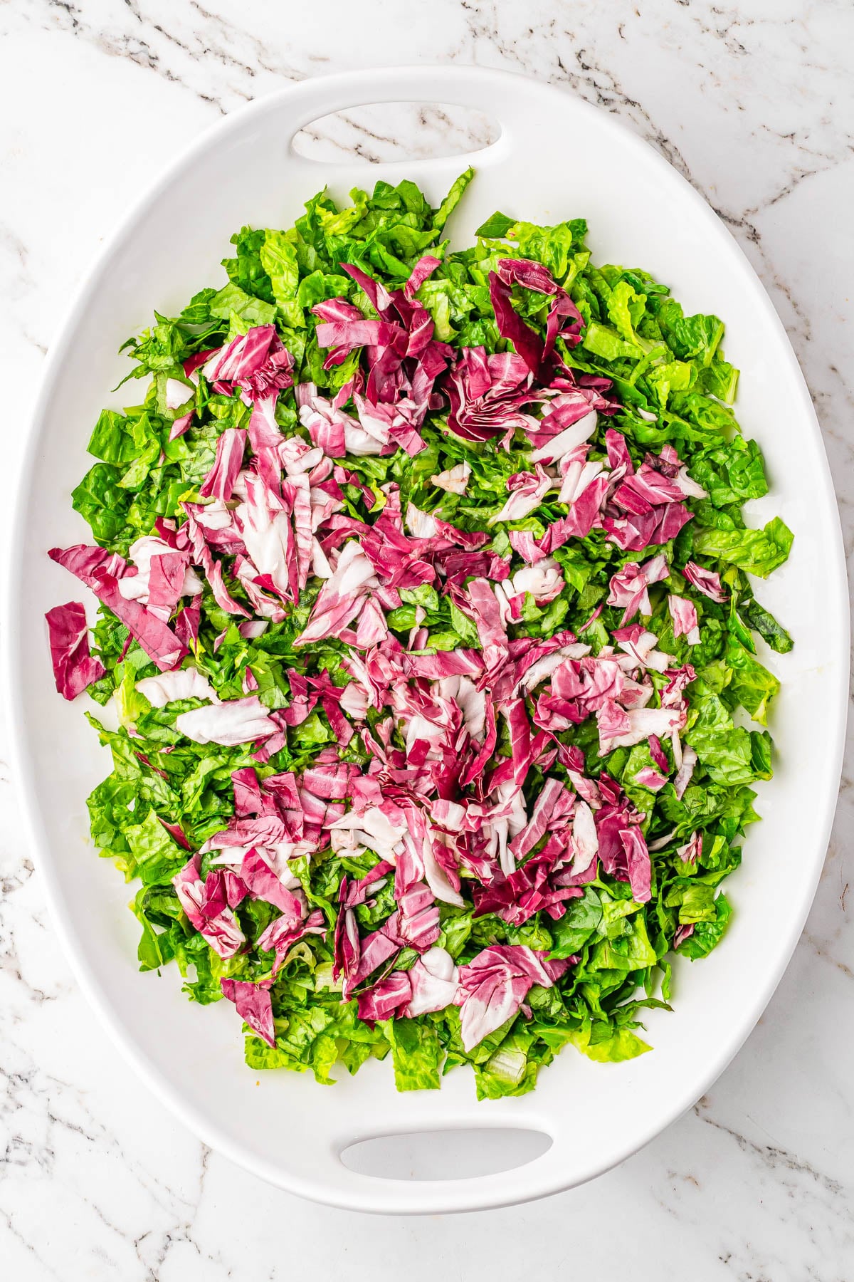 A white oval platter filled with chopped green lettuce and shredded purple radicchio, placed on a marble surface.