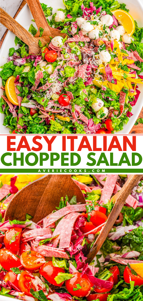 Chopped Italian salad with lettuce, tomatoes, mozzarella, salami, peppers, radicchio, and parsley, tossed in dressing with wooden salad servers and garnished with lemon wedges.