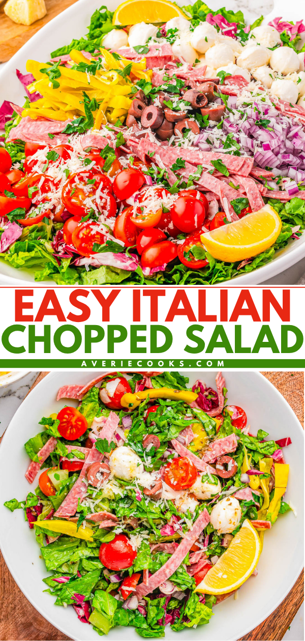 Two bowls of Italian chopped salad with lettuce, cherry tomatoes, salami, mozzarella balls, olives, onions, bell peppers, shredded cheese, and lemon wedges.