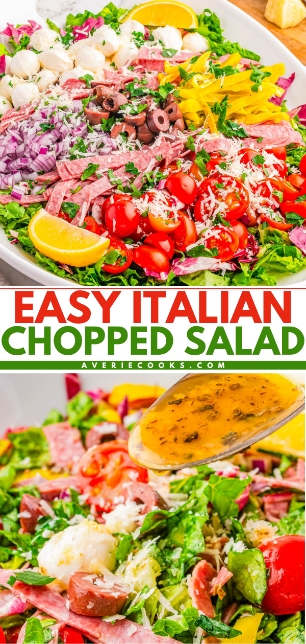 A large platter of Italian chopped salad with salami, mozzarella balls, tomatoes, onions, olives, and yellow peppers, shown with Italian dressing being poured on top.