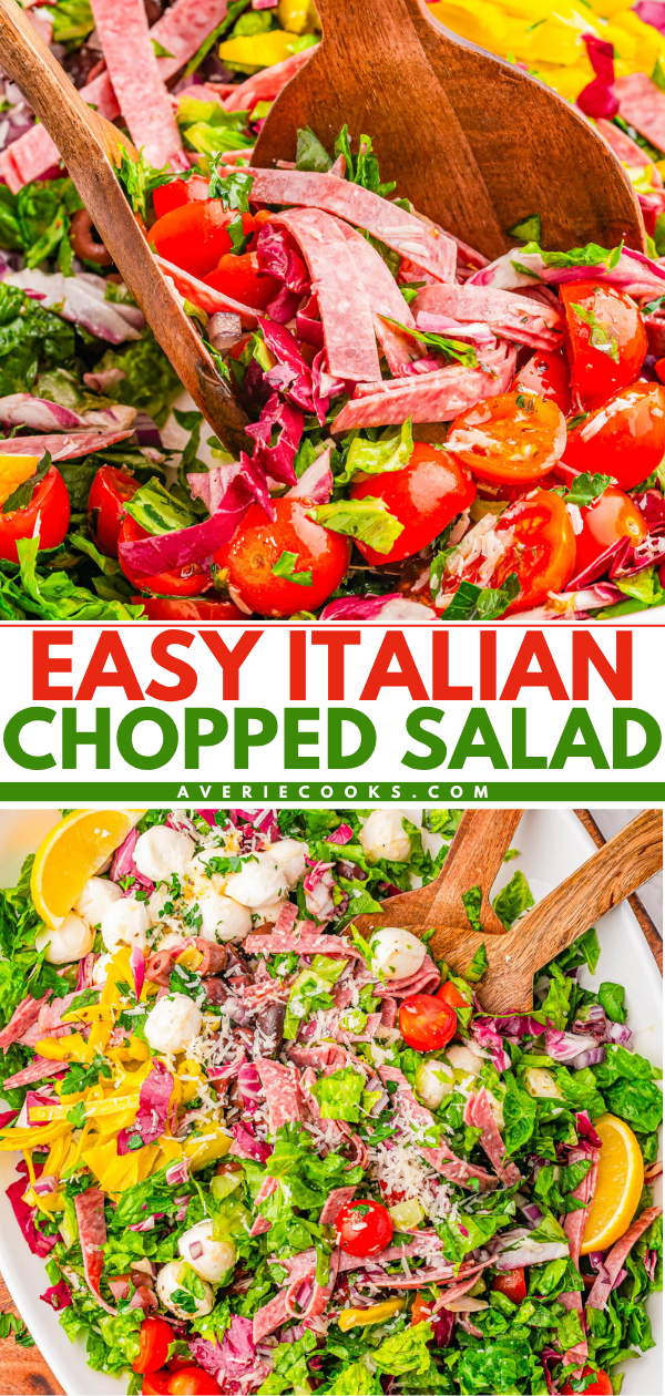 Chopped Italian salad with lettuce, cherry tomatoes, salami strips, cheese, and pepper rings, served in a wooden bowl with salad tongs.