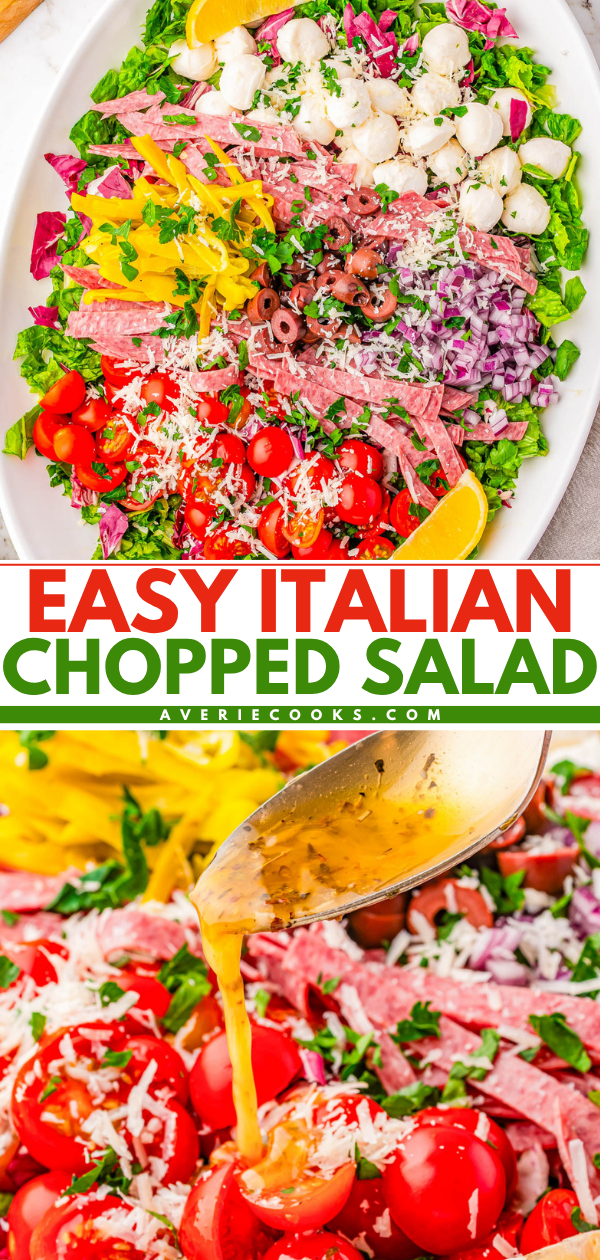 Platter of chopped Italian salad with lettuce, salami, tomatoes, onions, cheese, pepperoncini, and mozzarella balls, topped with grated cheese and a close-up of dressing being poured.