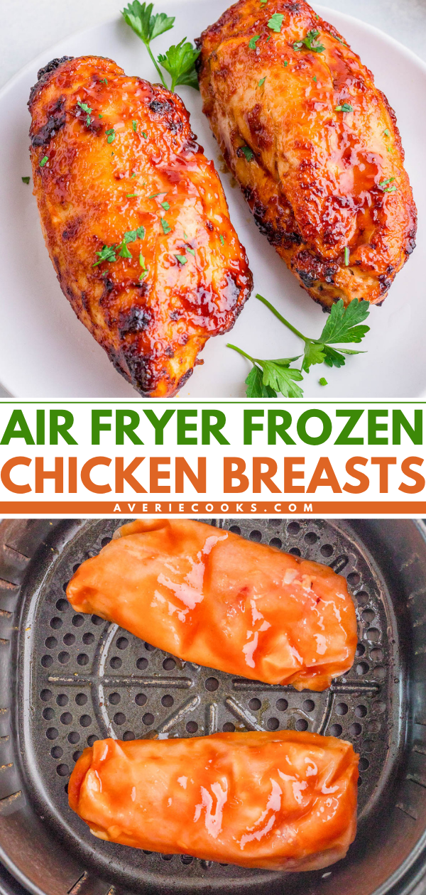Two cooked, sauced chicken breasts on a plate and two uncooked, sauced chicken breasts in an air fryer basket, shown in a step-by-step cooking process.