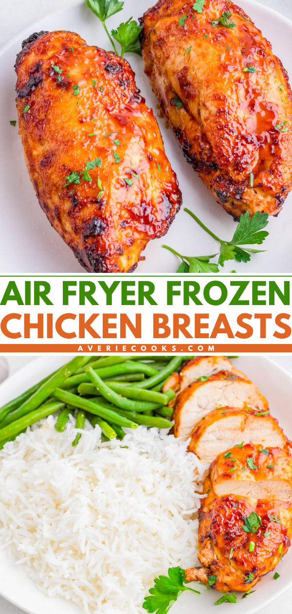 Two air-fried chicken breasts on a plate, and a sliced chicken breast served with white rice and green beans on another plate.