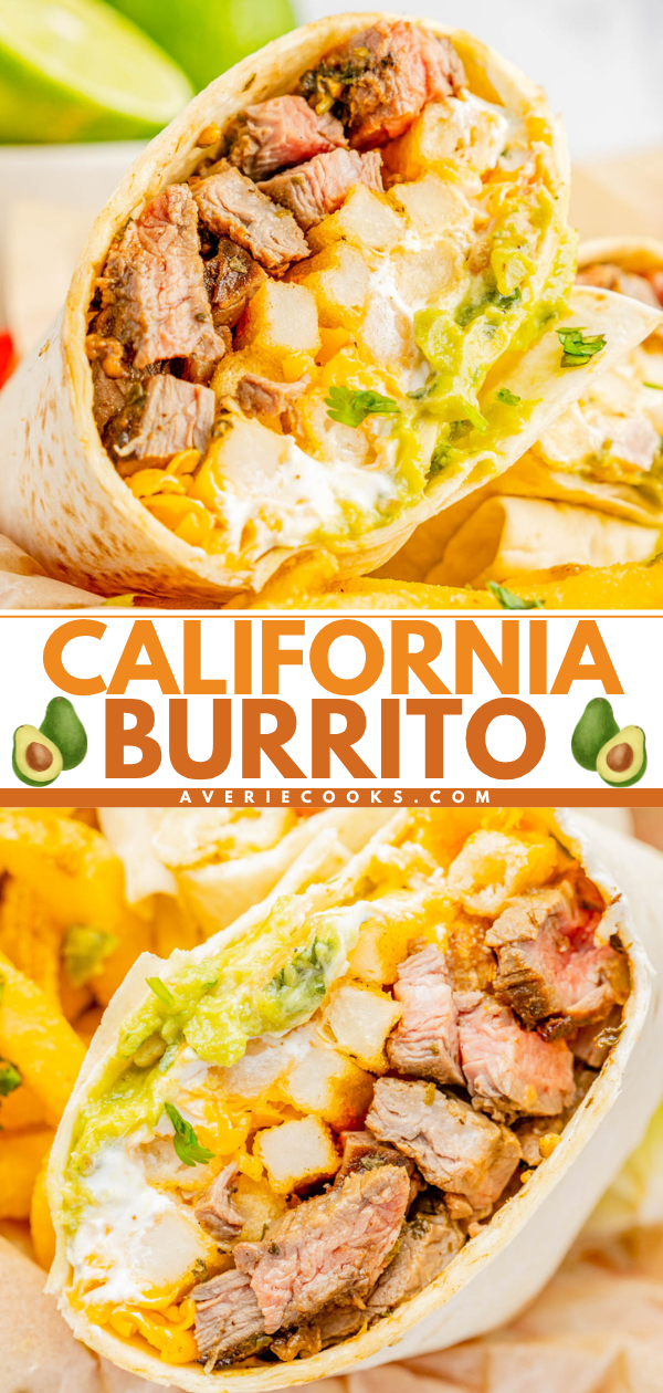 A California burrito cut in half, filled with steak, french fries, cheese, sour cream, and guacamole, with the words "California Burrito" and avocado illustrations in the center.