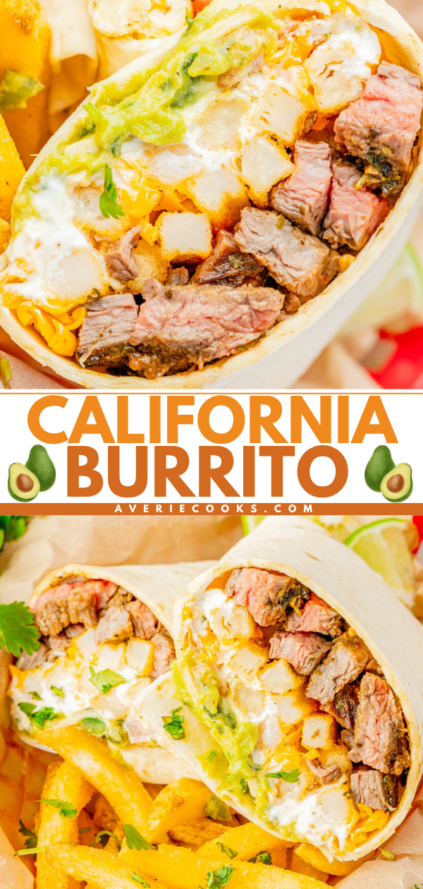 Close-up of a California burrito cut in half, showing grilled steak, French fries, cheese, guacamole, and sour cream inside a flour tortilla, served with crispy fries.