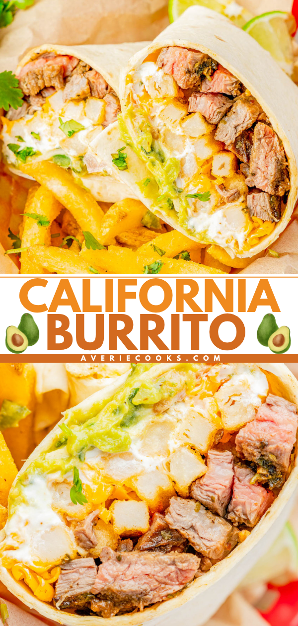 Close-up of a California burrito cut in half, showing steak, fries, cheese, guacamole, and sour cream, with text "California Burrito" and avocado icons in the center.